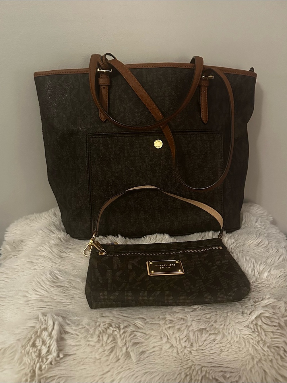 Michael Kors Dark Brown Monogram Tote with Matching Wristlet